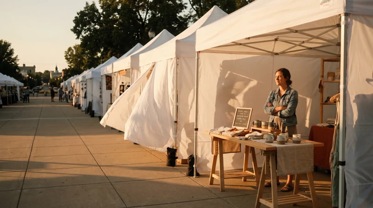 A craft fair vendor at home reviewing an application on a laptop with a notebook, coffee, and printed event flyer on the table, pausing before clicking apply