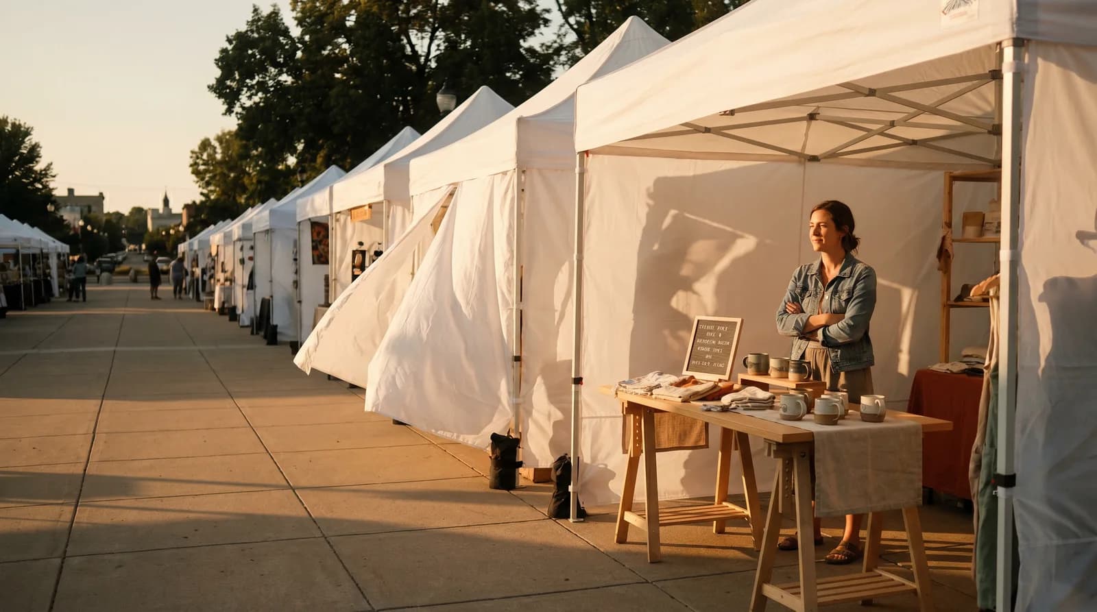 A craft fair vendor at home reviewing an application on a laptop with a notebook, coffee, and printed event flyer on the table, pausing before clicking apply