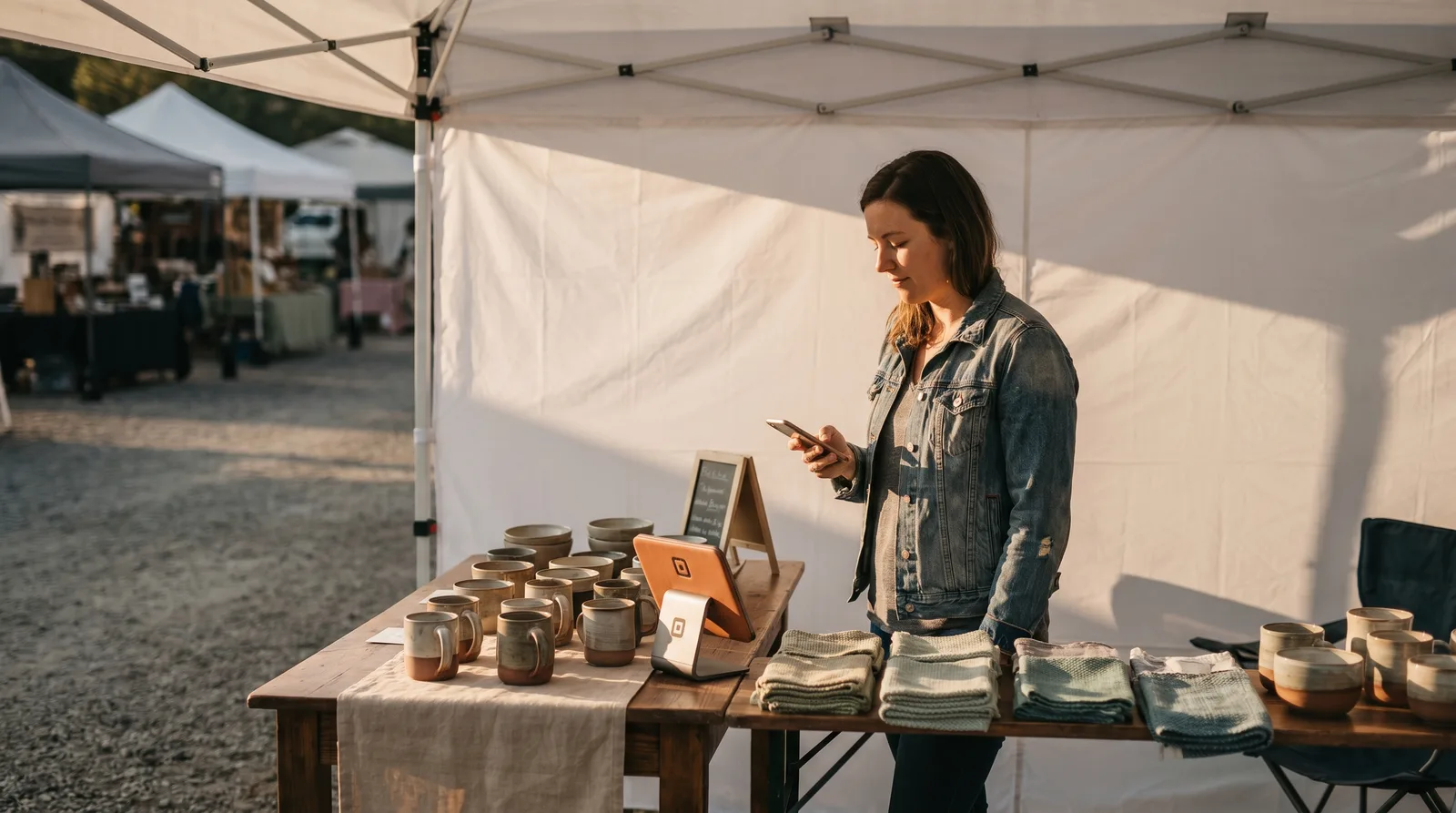 A craft fair vendor sitting behind a quiet booth doing the math on a small notebook with a calculator, just a couple of shoppers walking past in the background under a tent canopy