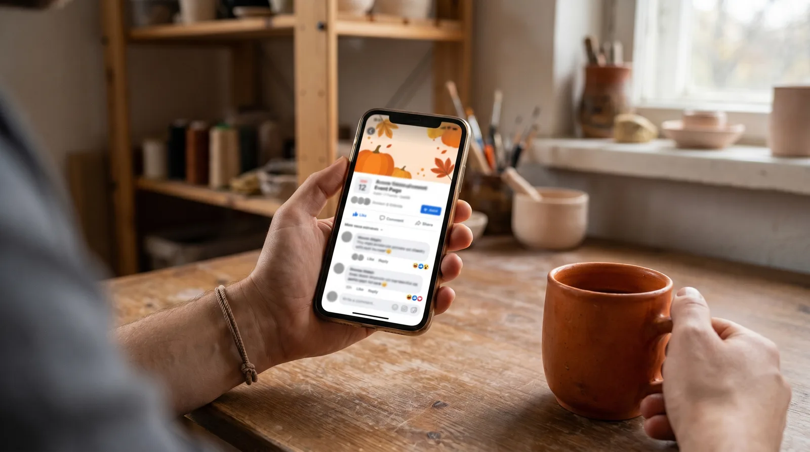 Phone POV shot of a sketchy craft fair event page on Facebook — generic AI-style banner graphic, vague event description, and a Venmo handle for the booth fee visible on screen