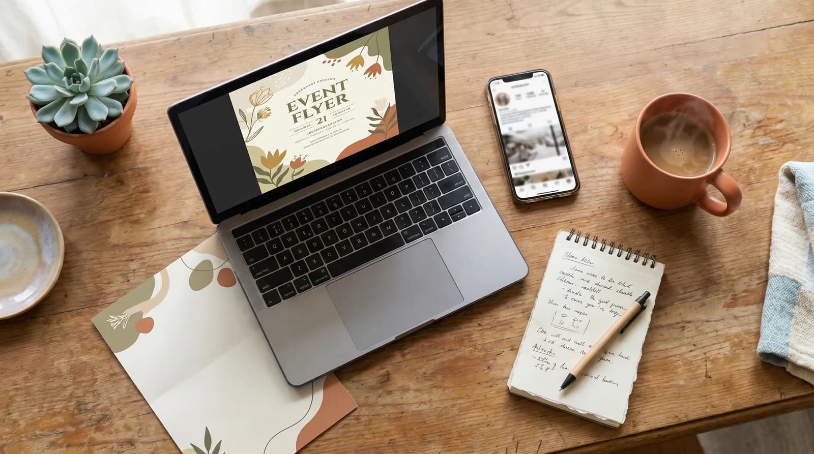 Overhead flat-lay of a vendor's kitchen table with a laptop showing a craft fair application, a notebook with handwritten questions, a phone, a coffee mug, and a printed event flyer — the homework done before clicking apply