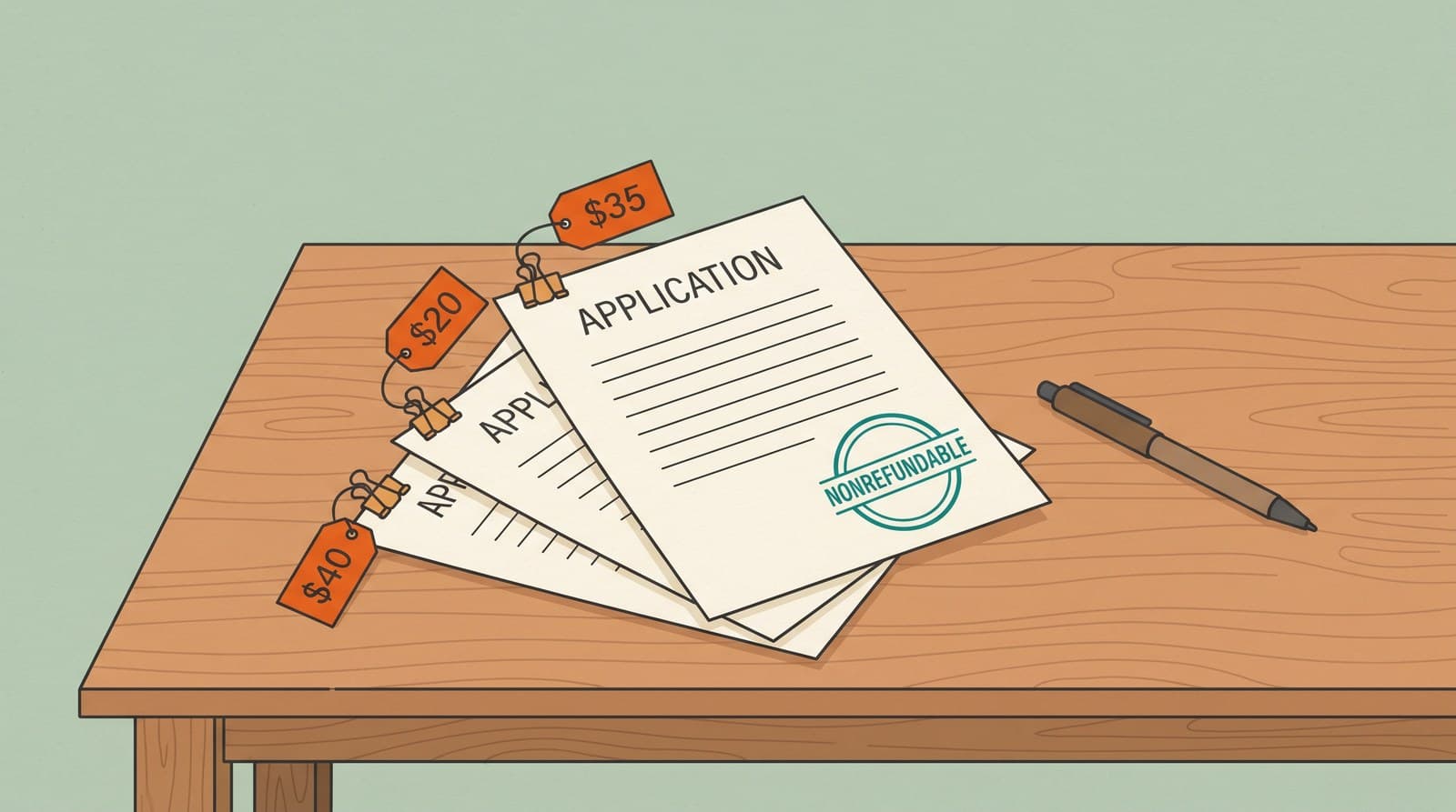 A stack of craft fair application forms each topped with a coin, showing application and jury fees add up before acceptance.