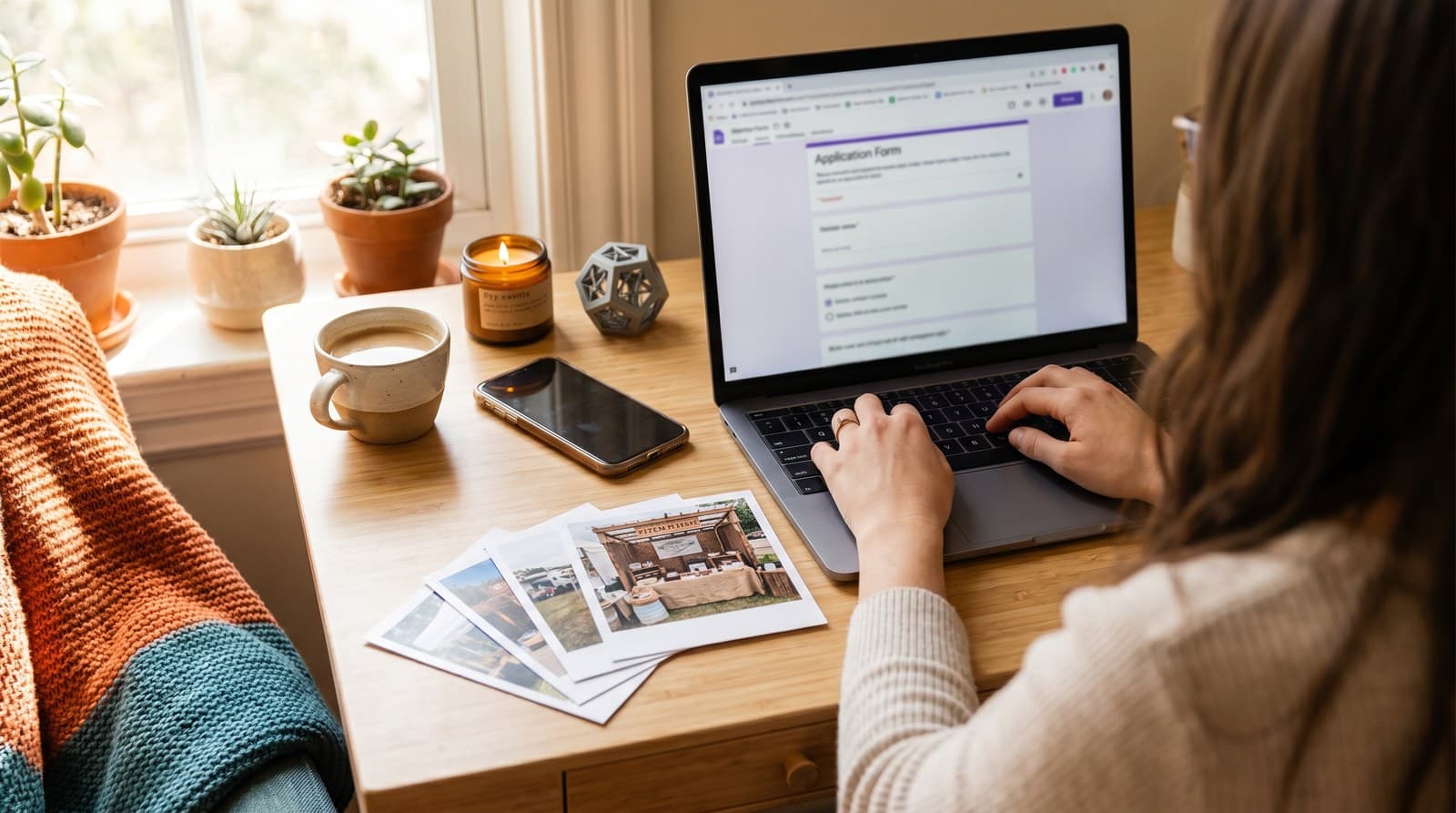A maker filling out a craft fair vendor application at a desk, with printed booth photos and handmade samples nearby.