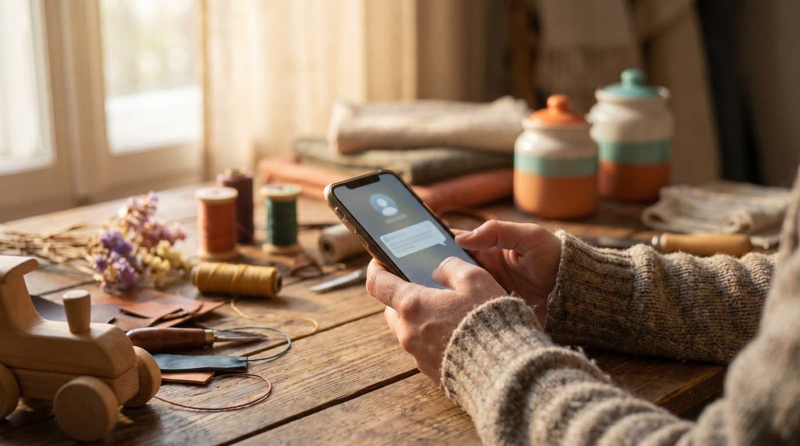A maker's hands holding a phone with a new email, waiting to hear back on a craft fair application.