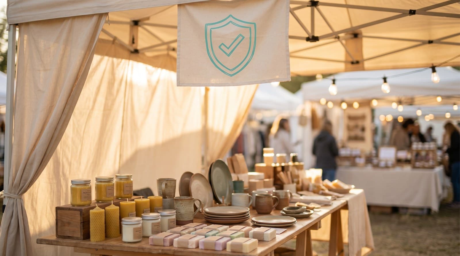 A calm, tidy craft fair booth with a small hand-drawn shield symbol, representing vendor insurance protection.
