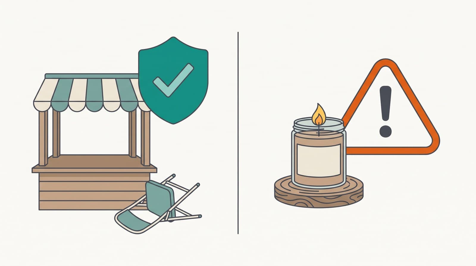 A split illustration: a booth accident on one side for general liability, a product with a caution mark on the other for product liability.