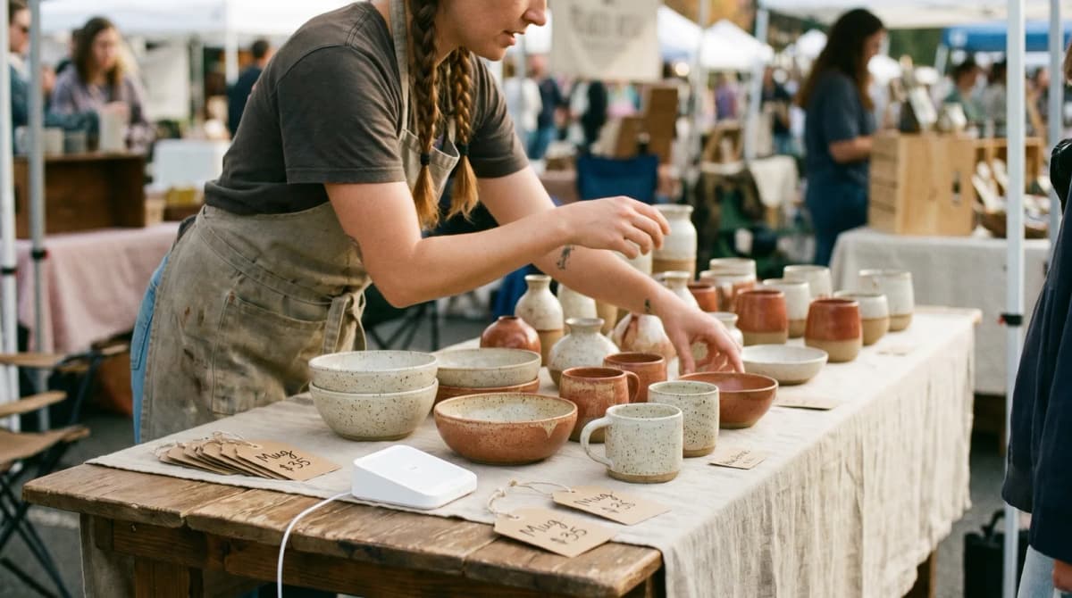 A ceramic vendor arranges handmade mugs and bowls on a linen-draped table at an outdoor craft market, with other booths blurred in the background
