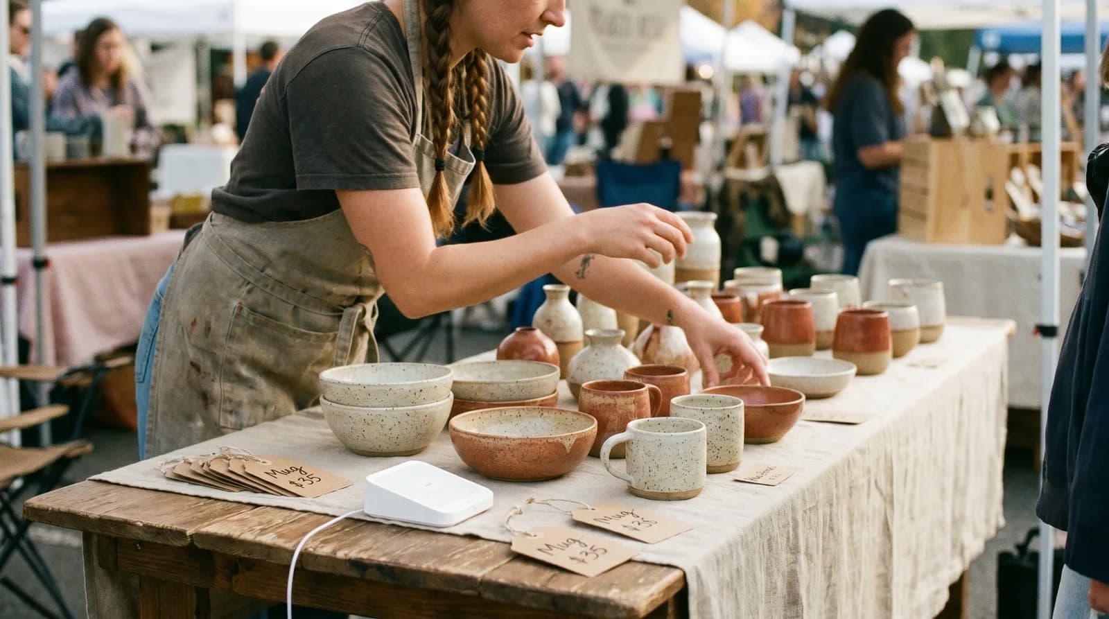A ceramic vendor arranges handmade mugs and bowls on a linen-draped table at an outdoor craft market, with other booths blurred in the background
