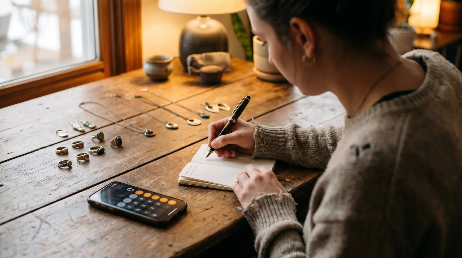 A maker sits at a wooden desk in warm lamp light, writing in a notebook with a calculator app open on her phone and small handmade pieces laid out beside her