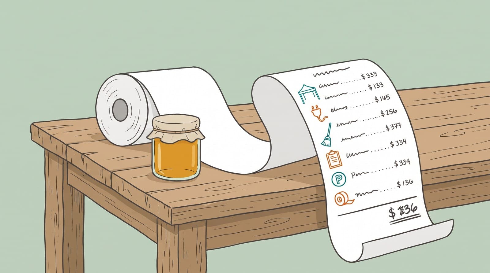 A long itemized receipt unrolling off a market table, listing booth add-on costs like electricity, cleanup, and parking.