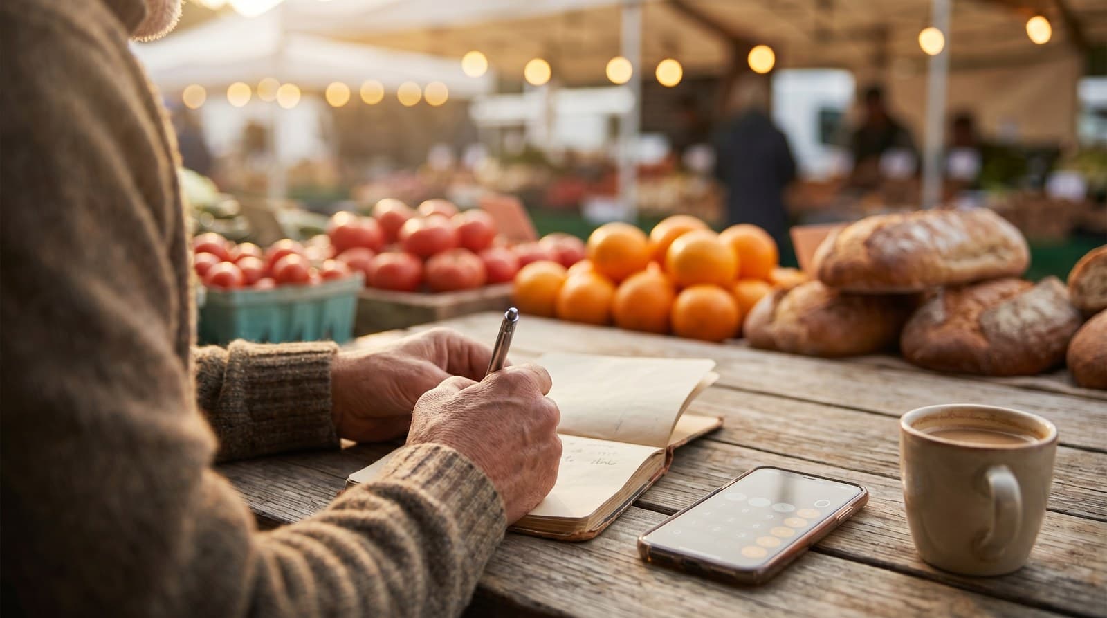 A vendor doing quick booth fee math in a notebook at a farmers market table, bright produce blurred behind.