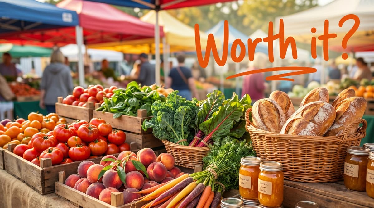 A colorful farmers market stall of produce and bread with a hand-drawn orange question over it: Worth it?
