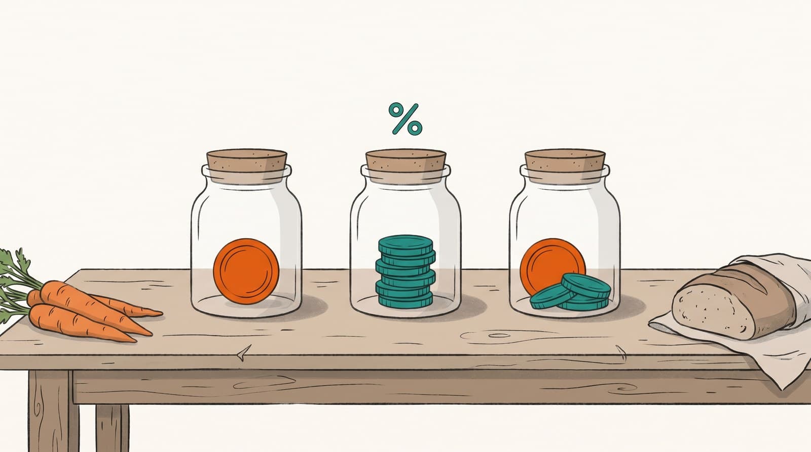 Three jars showing market fee structures: one flat coin, a percentage stack, and a mix of both.
