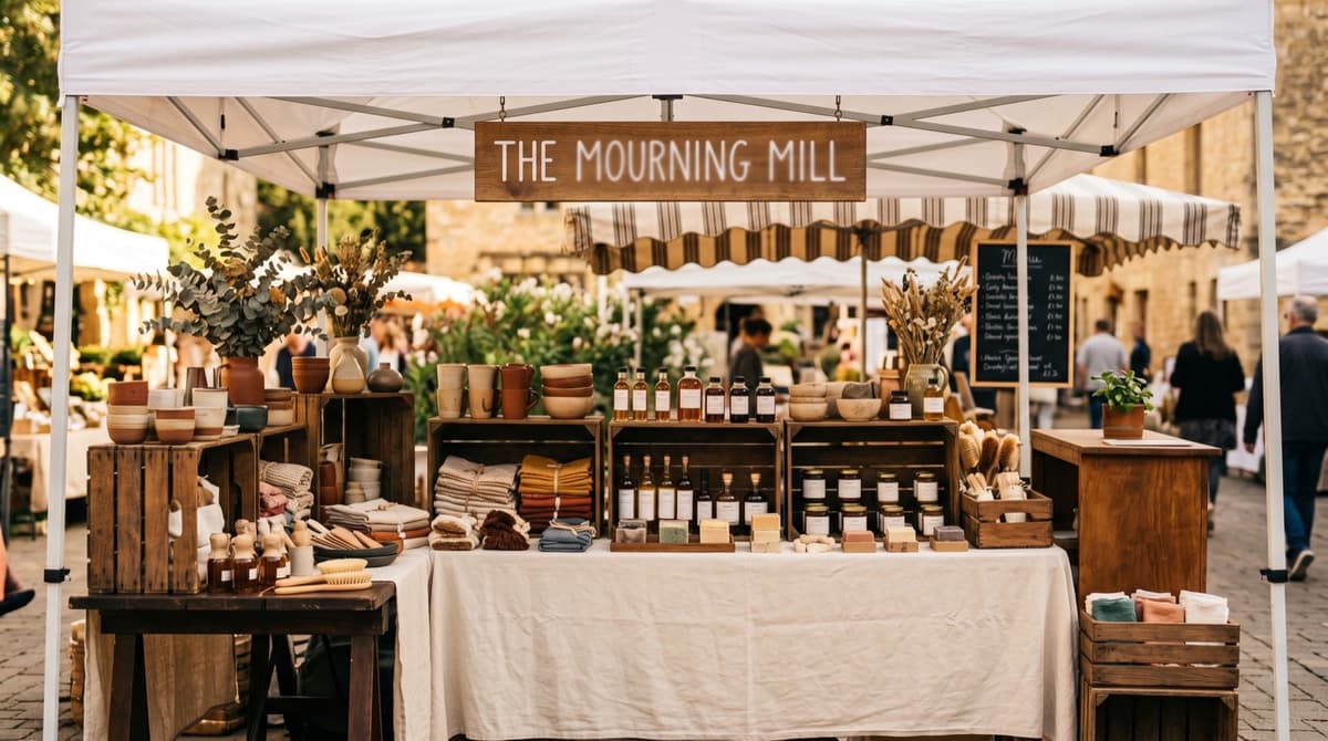 A thoughtfully arranged farmers market booth using crates and risers to lift products to eye level.