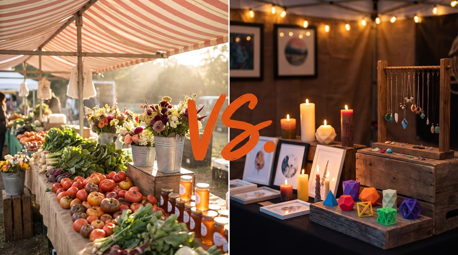 Split image comparing a farmers market produce stall on the left with a handmade craft fair booth on the right.