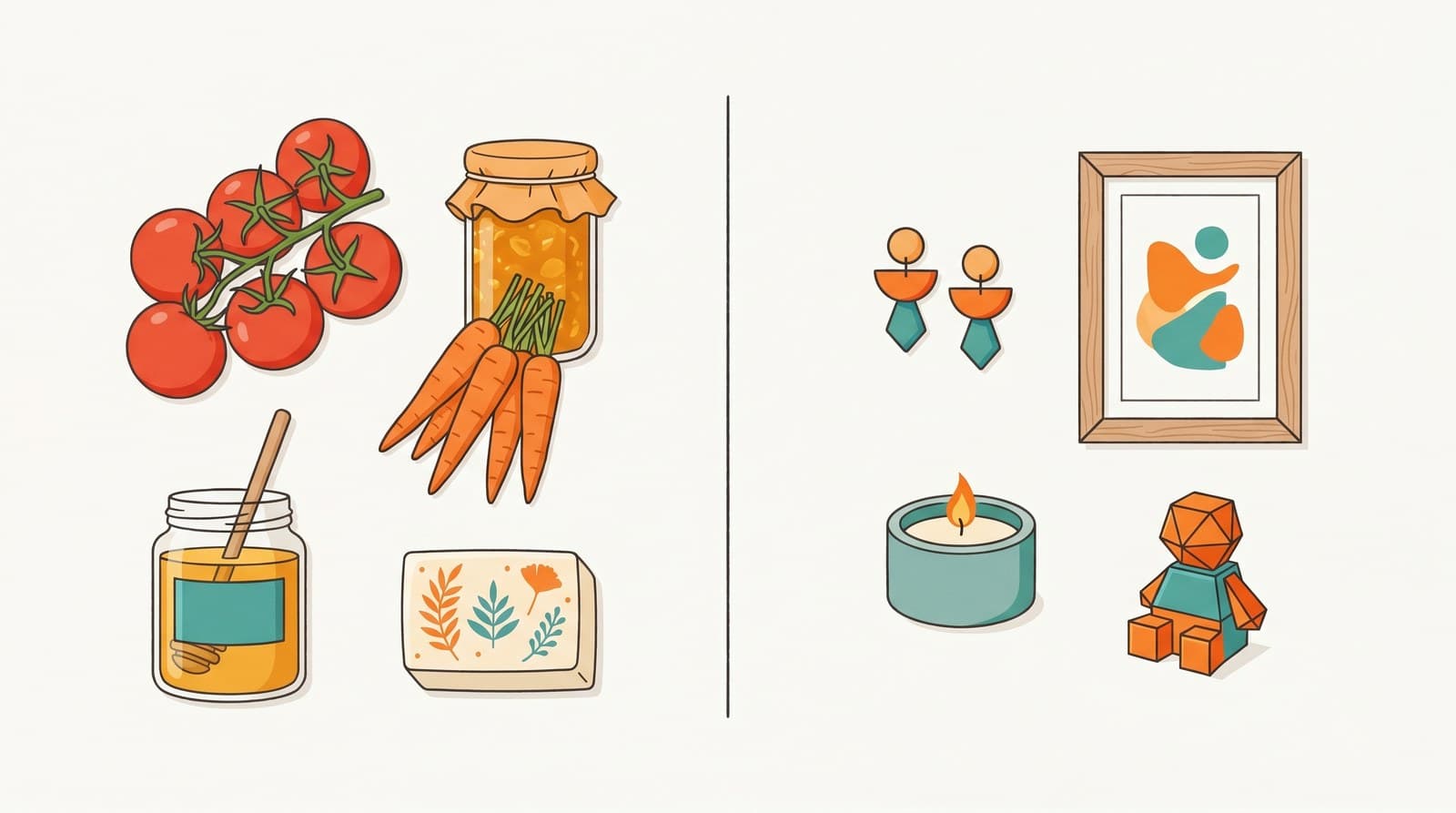 Overhead split flat-lay: fresh market goods like produce and jam on one side, gift-ready handmade items on the other.