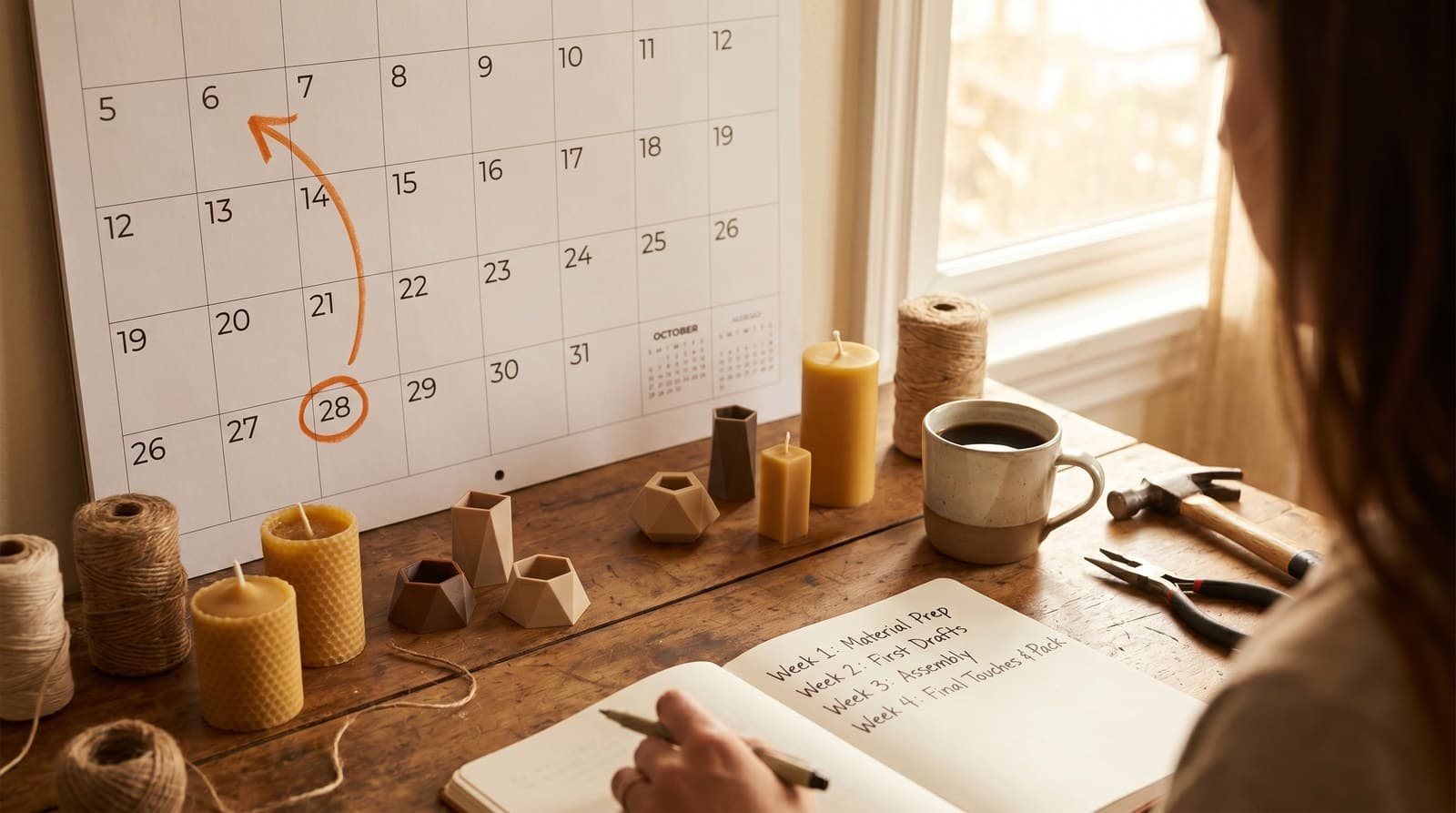 A maker's workbench with an event date circled on a calendar and an orange arrow counting backward across the weeks.