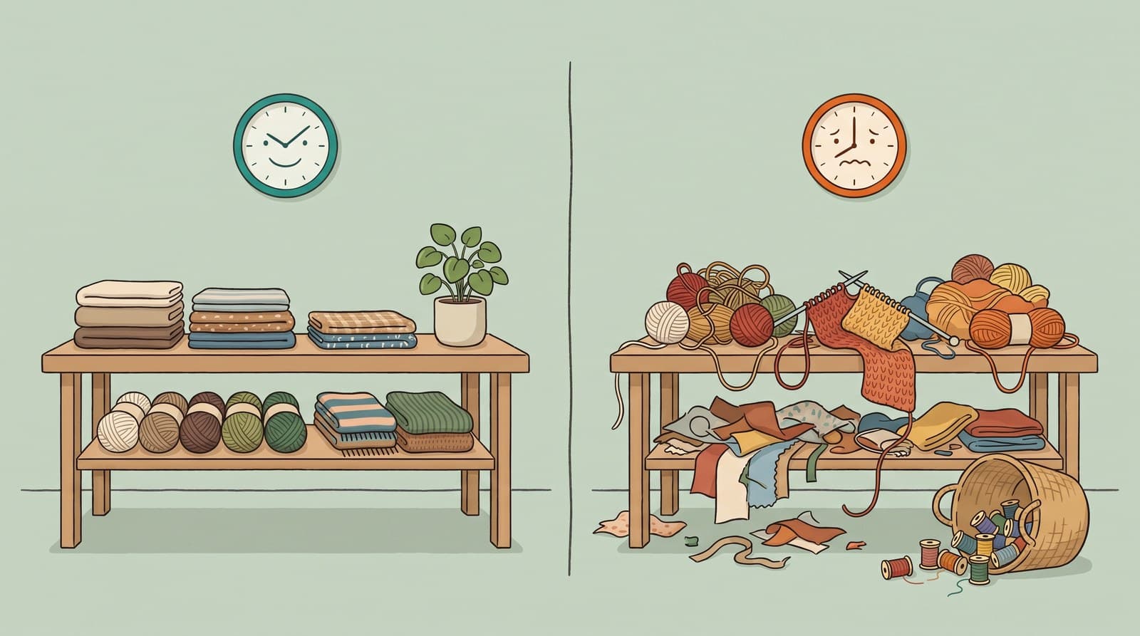 A split scene contrasting a calm, well-prepared maker with a rushed last-minute maker racing the clock.