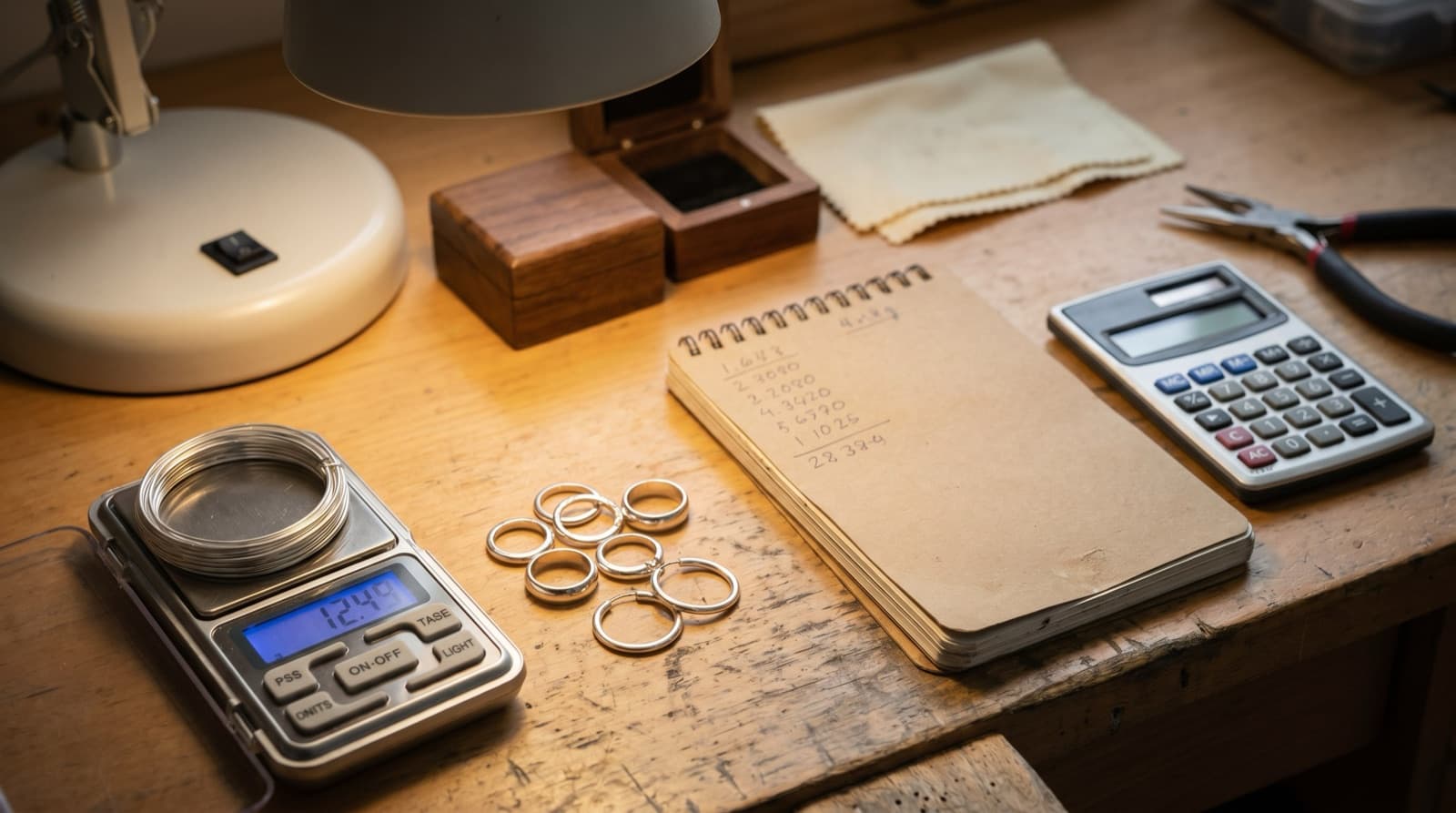 A jewelry maker at a workbench with a small scale, a few sterling silver pieces, a calculator, and a notebook, working out prices in warm lamp light