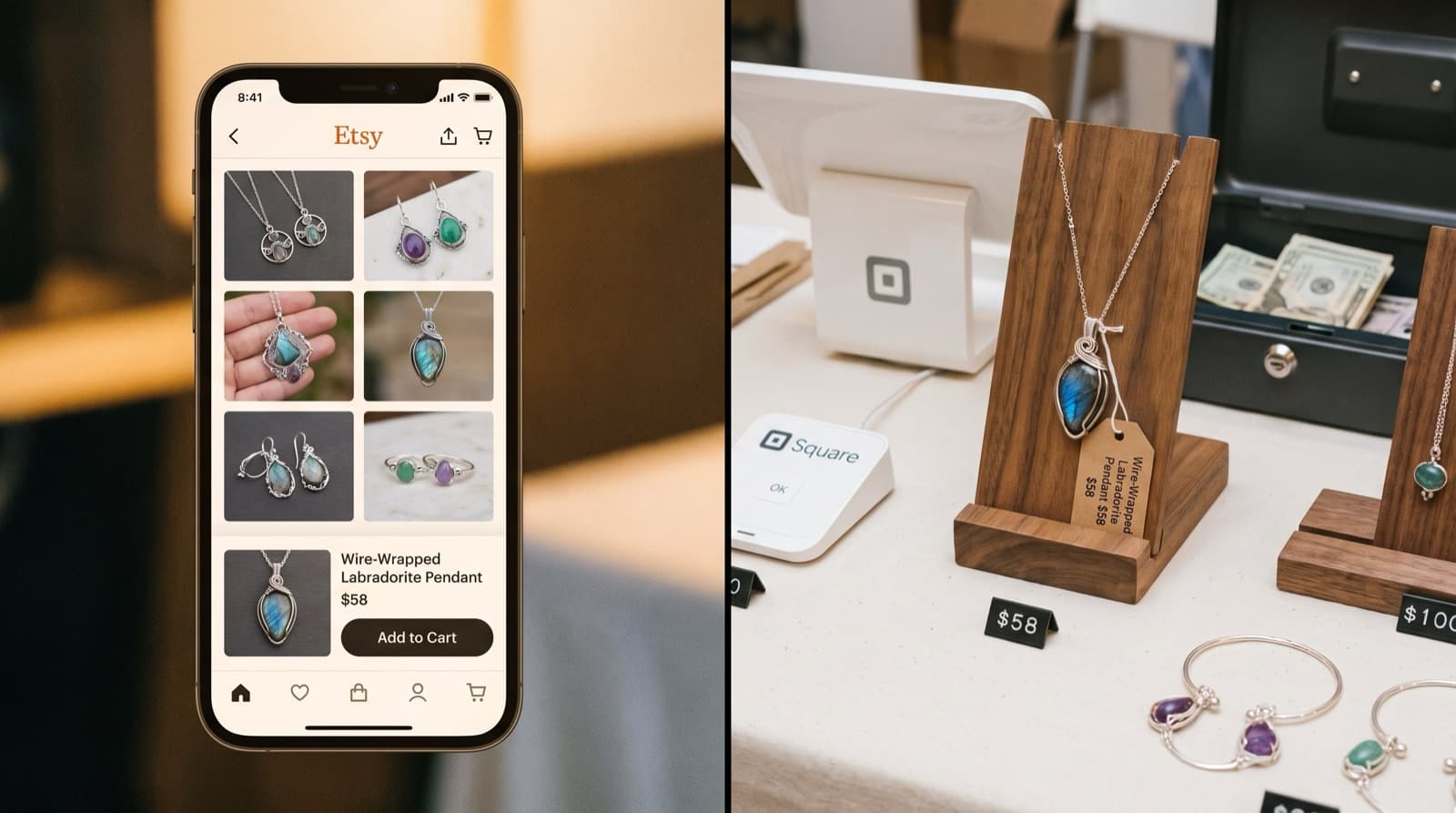 Split scene showing a phone with an online jewelry listing on one side and a craft fair jewelry booth with a card reader on the other