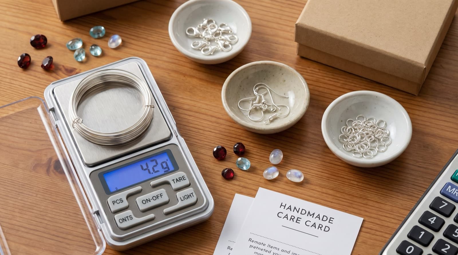 A small jewelry scale weighing sterling silver wire next to clasps, ear wires, a few gemstones, and a kraft jewelry box, with a calculator beside them