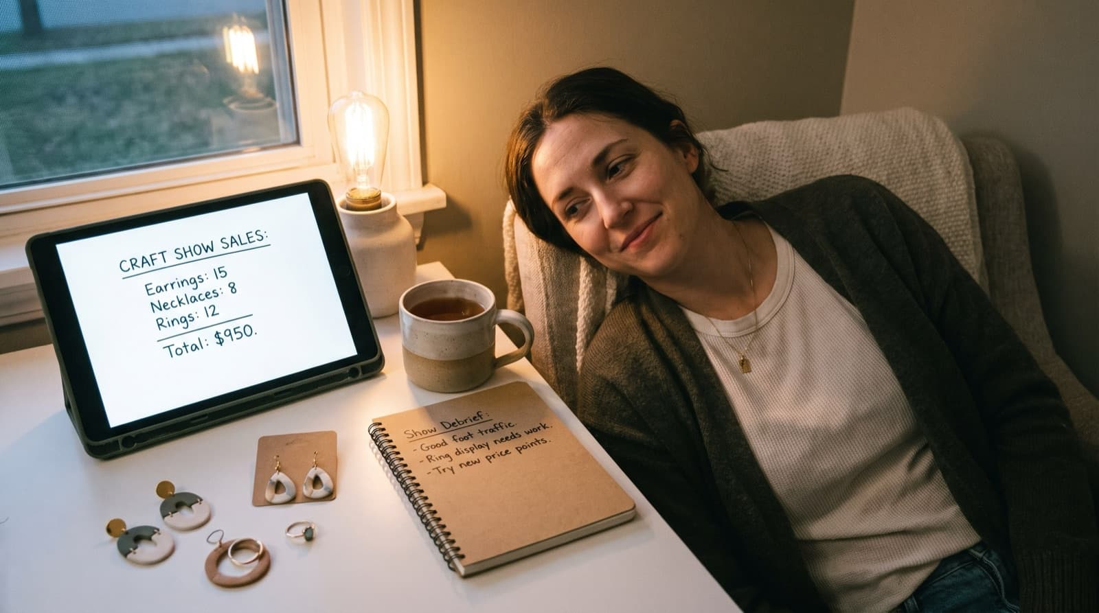 A maker reviewing per-piece sales on a tablet after a craft fair, jewelry and a notebook with quick debrief notes beside it