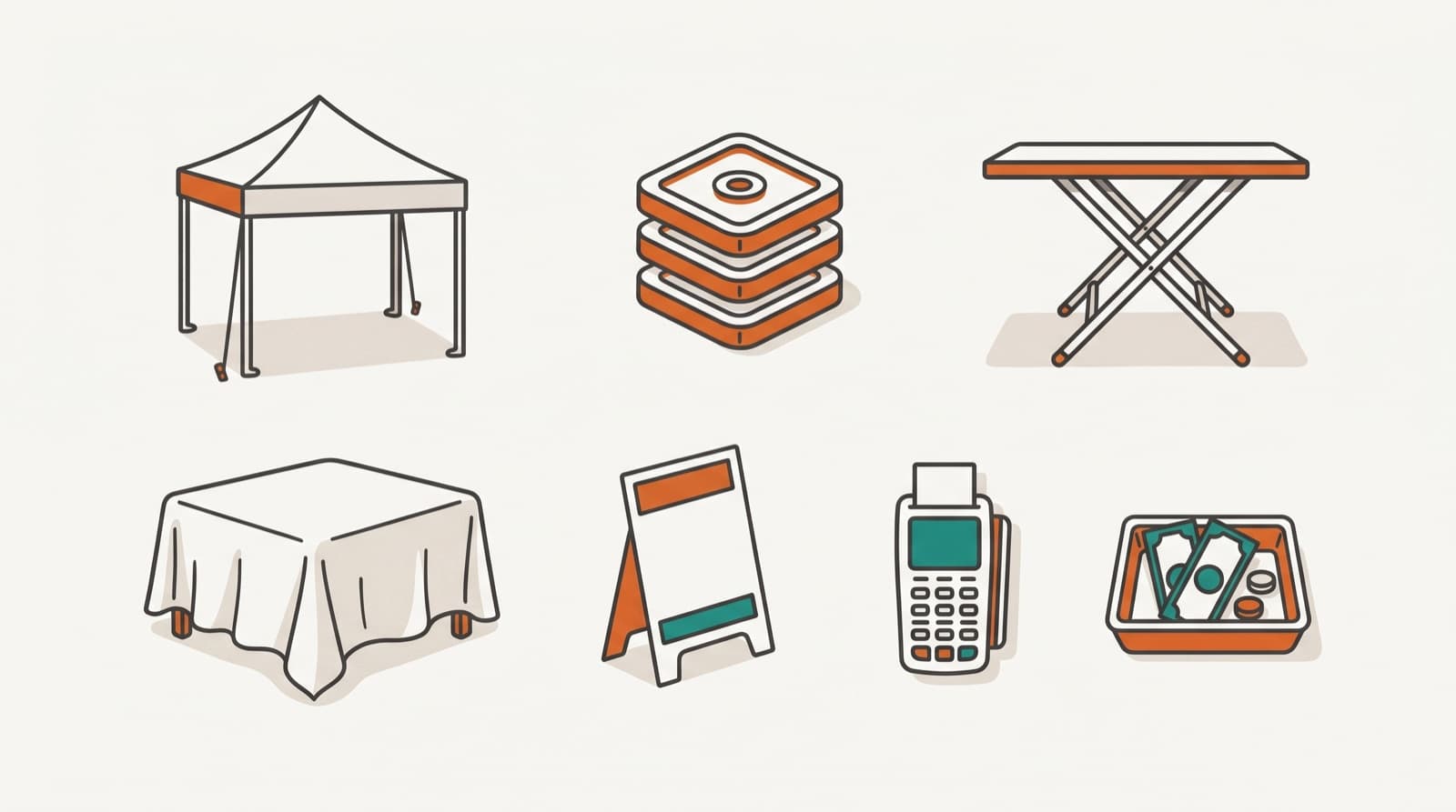 A flat-lay illustration of a farmers market booth starter kit: canopy, weights, table, signage, and payment gear.