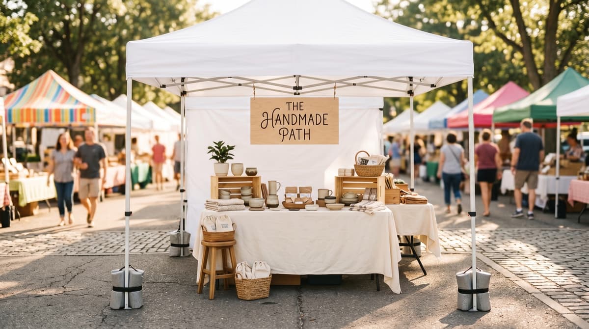 A tidy first-time vendor booth with a weighted canopy and a neat table at a sunny farmers market.