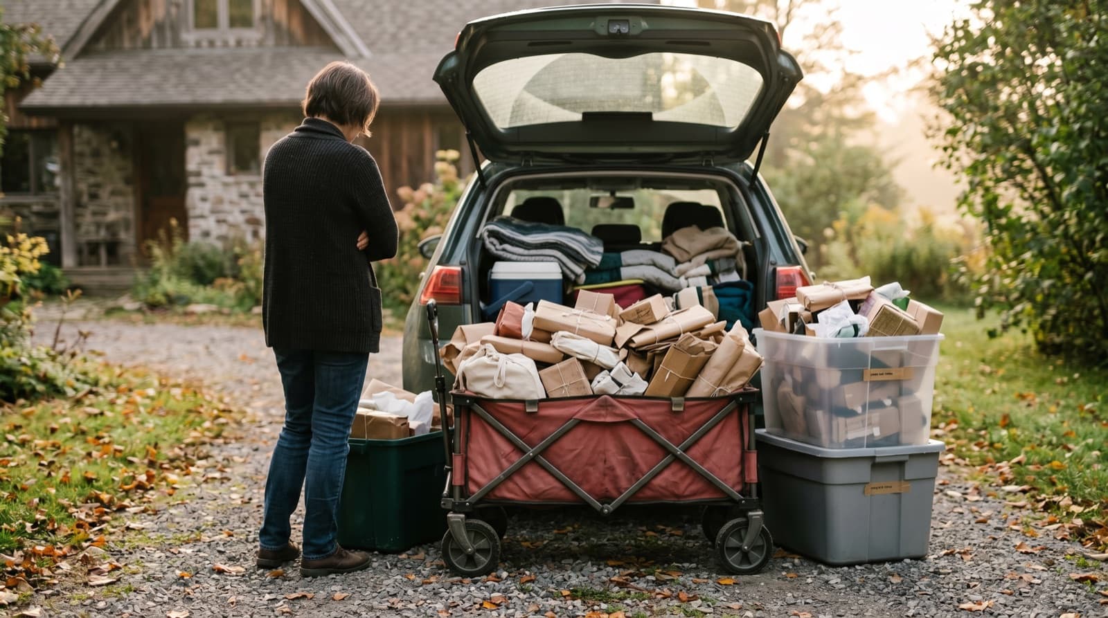An overloaded wagon and stacked bins by a car trunk at dawn, more product than a small booth needs.