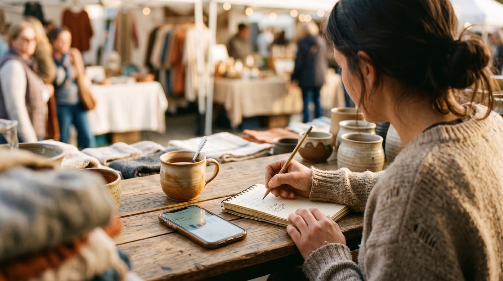 A vendor reviewing simple sales notes at the market table at the end of the day.