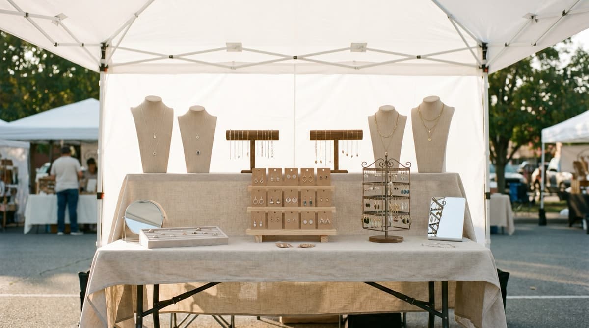 A handmade jewelry booth at an outdoor craft show with necklace busts at the back, earring cards at eye level on a tiered stand, and a small mirror, all on a neutral linen cloth