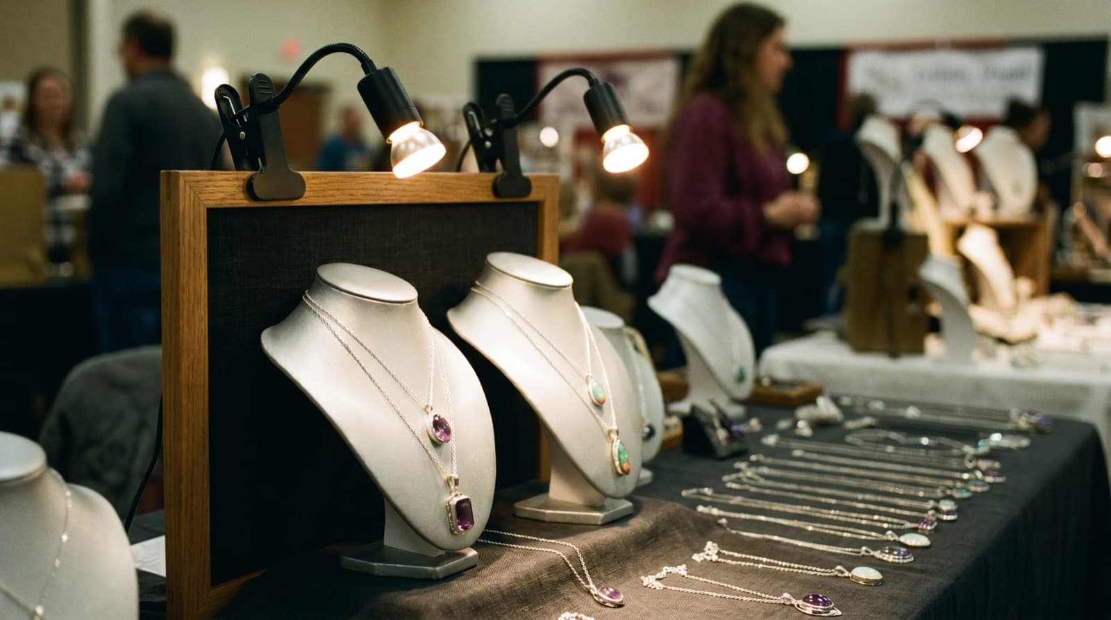 Small clip-on LED lights angled onto a display of silver and gemstone necklaces, making the metal and stones catch the light against a dark cloth