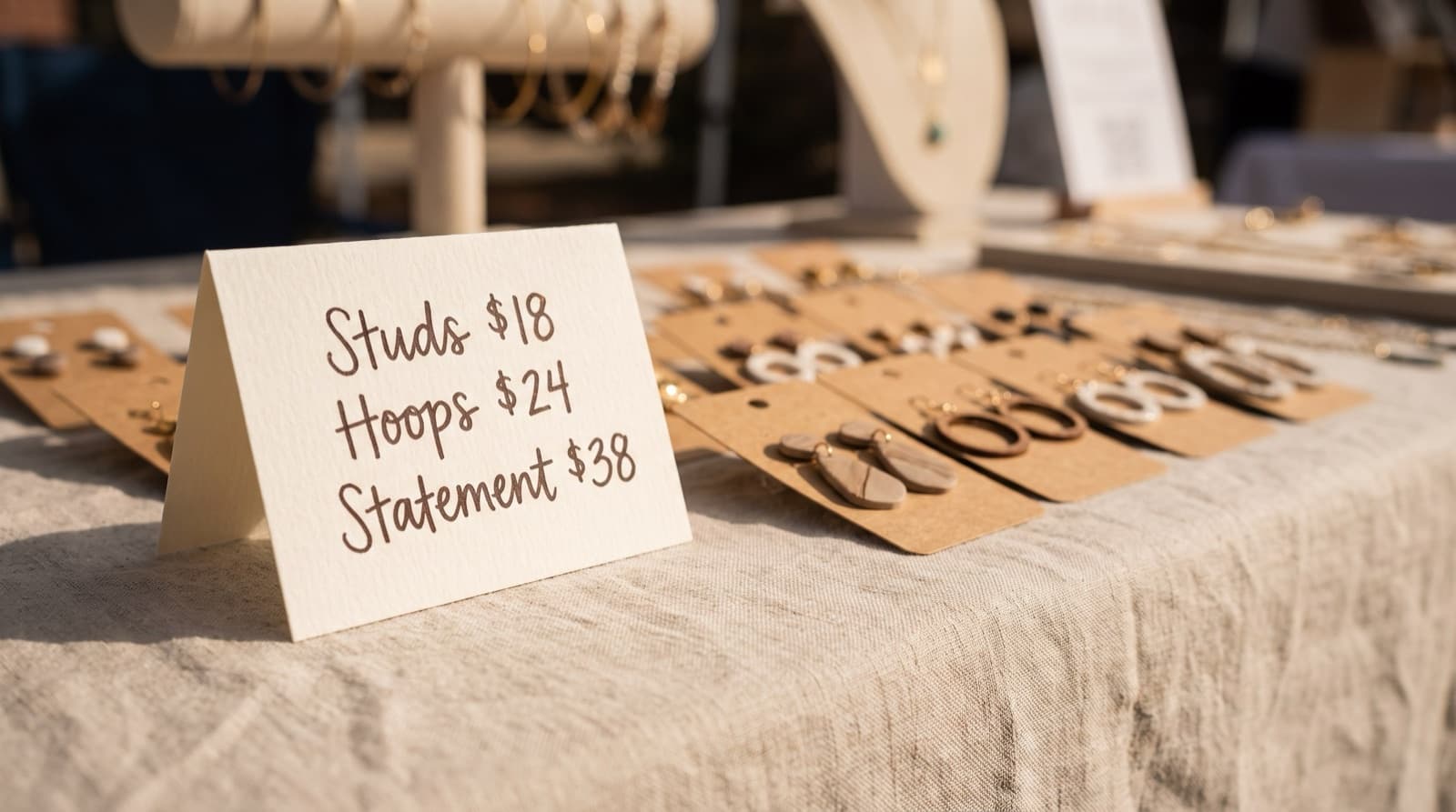 A small hand-lettered tiered price sign reading studs, hoops, and statement earrings with prices, sitting next to a row of earring cards on a neutral cloth