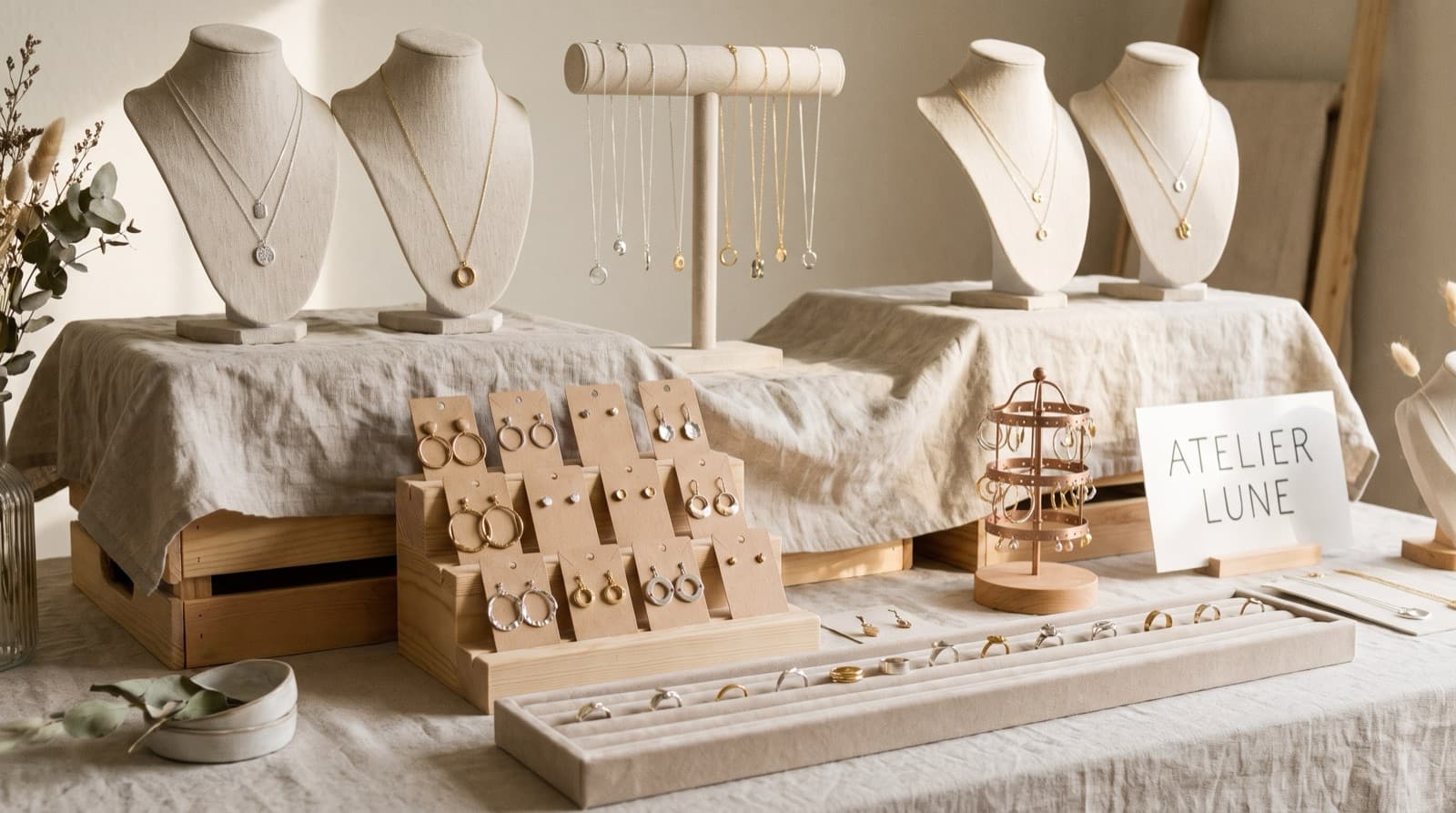 A jewelry booth with necklace busts on wooden risers at the back, a tiered earring card stand in the middle, and a velvet ring ramp near the front, all on neutral linen