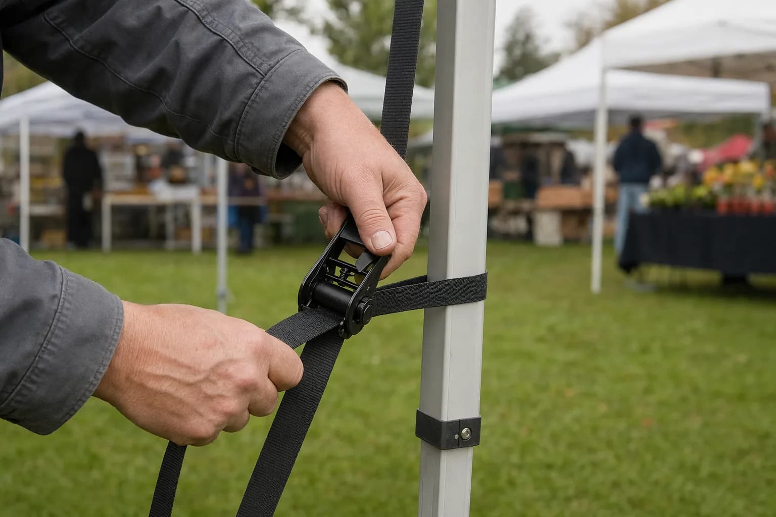A ratchet strap running from the weight up to the top corner of the canopy frame, so the whole structure is pulled down
