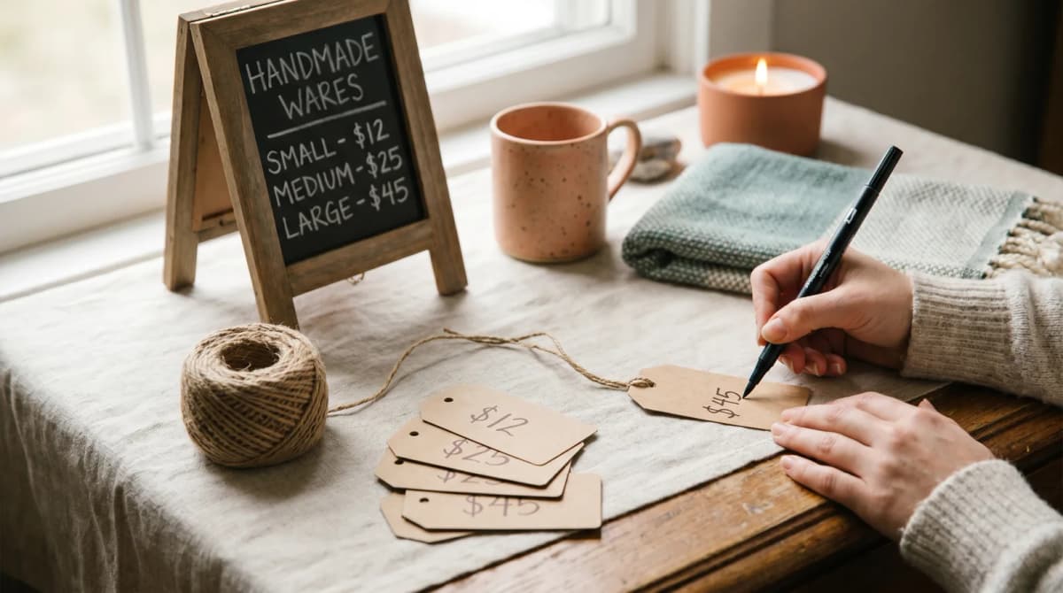 A handmade maker writes prices on kraft hangtags at her workspace, with a small hand-lettered pricing sign and a few finished products waiting to be tagged