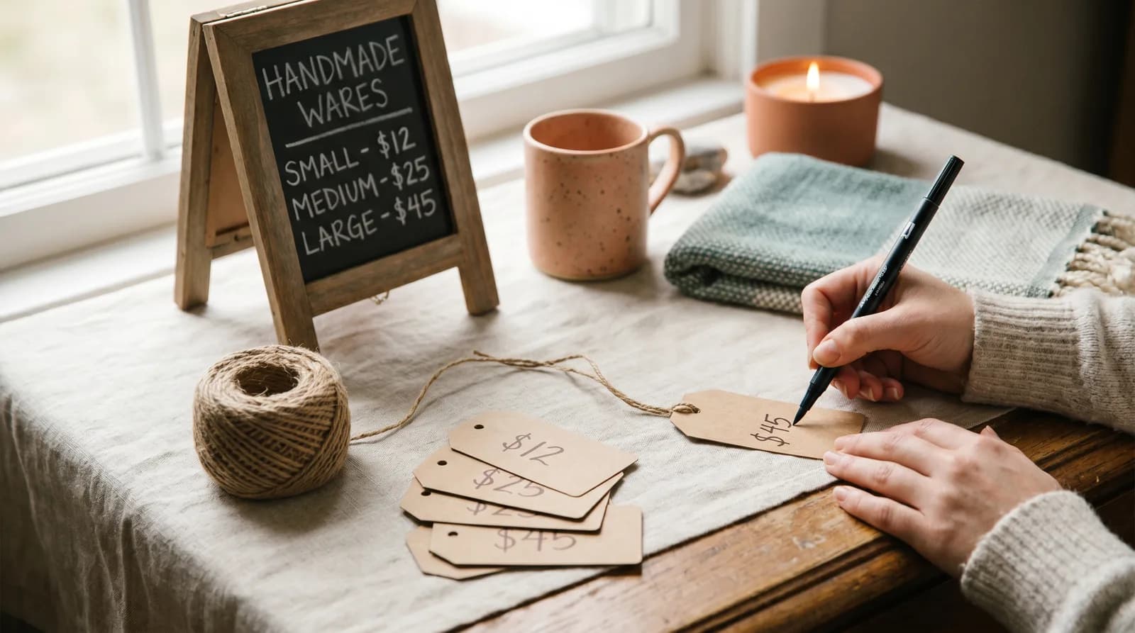 A handmade maker writes prices on kraft hangtags at her workspace, with a small hand-lettered pricing sign and a few finished products waiting to be tagged