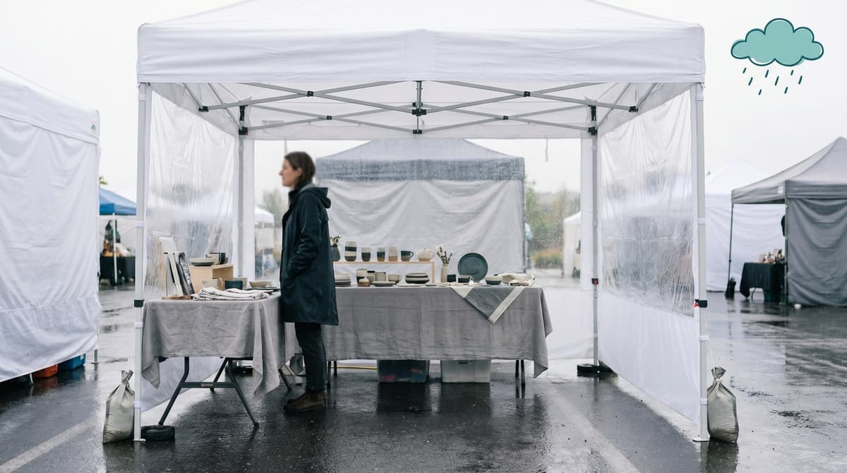 A well-prepared craft fair booth with a weighted canopy and sidewalls keeping goods dry in light rain, with a calm vendor under cover.