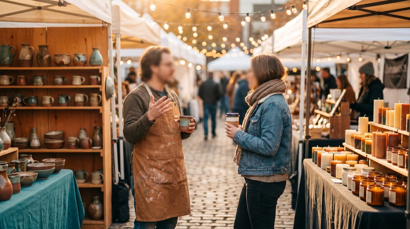 Two craft fair vendors chatting warmly between their neighboring booths, one passing the other a coffee.