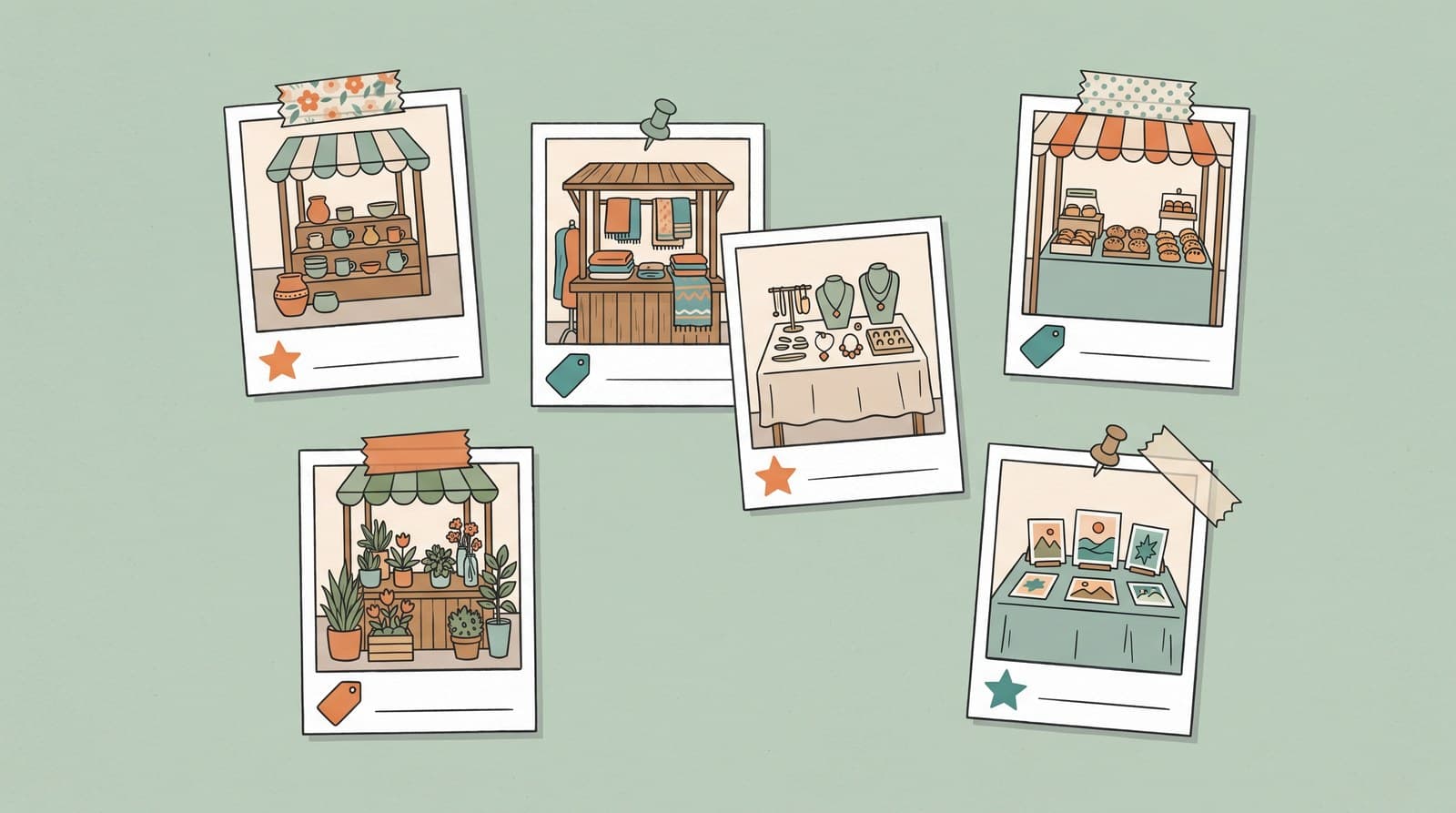 A warm scrapbook of small photo cards of vendors met at markets, each with hand-drawn tags, like a personal keepsake.