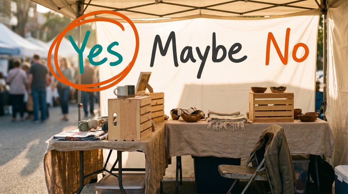 A craft fair booth at end of day with hand-drawn Yes, Maybe, and No options and one circled, asking whether to return next year.
