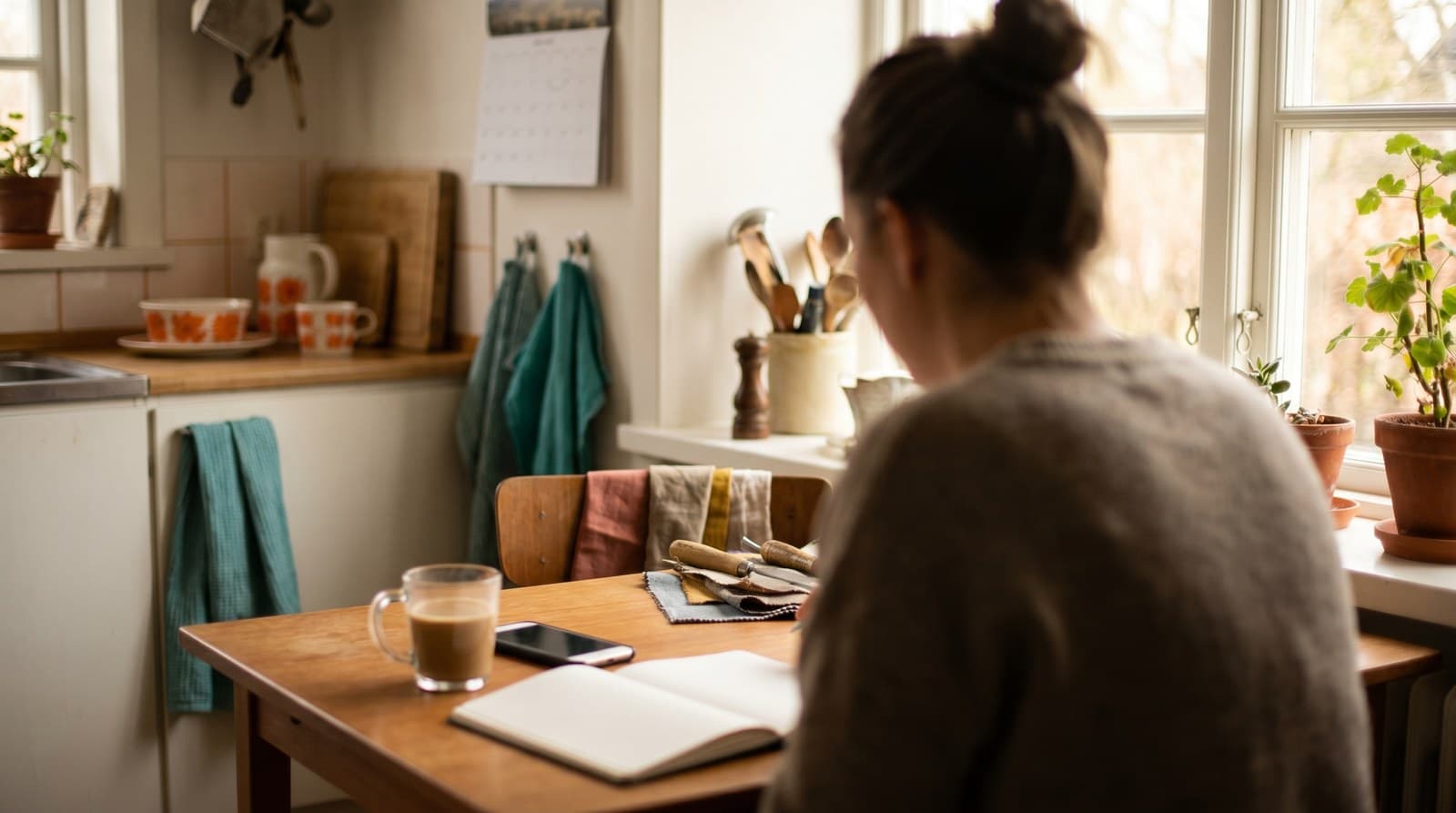 A maker at a kitchen table calmly deciding whether to do a craft fair again, notebook and calendar nearby.