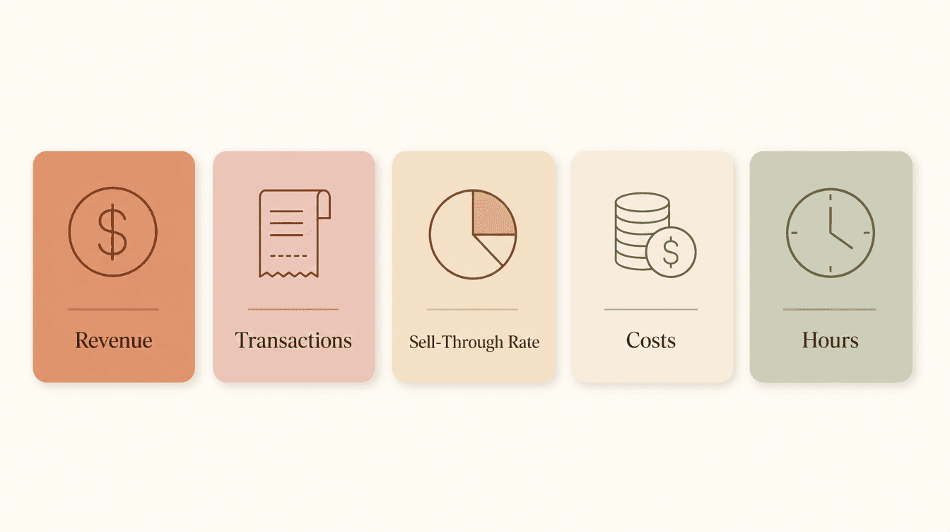 The 5 numbers worth tracking after every craft fair: revenue, transactions, sell-through rate, total costs, and total hours