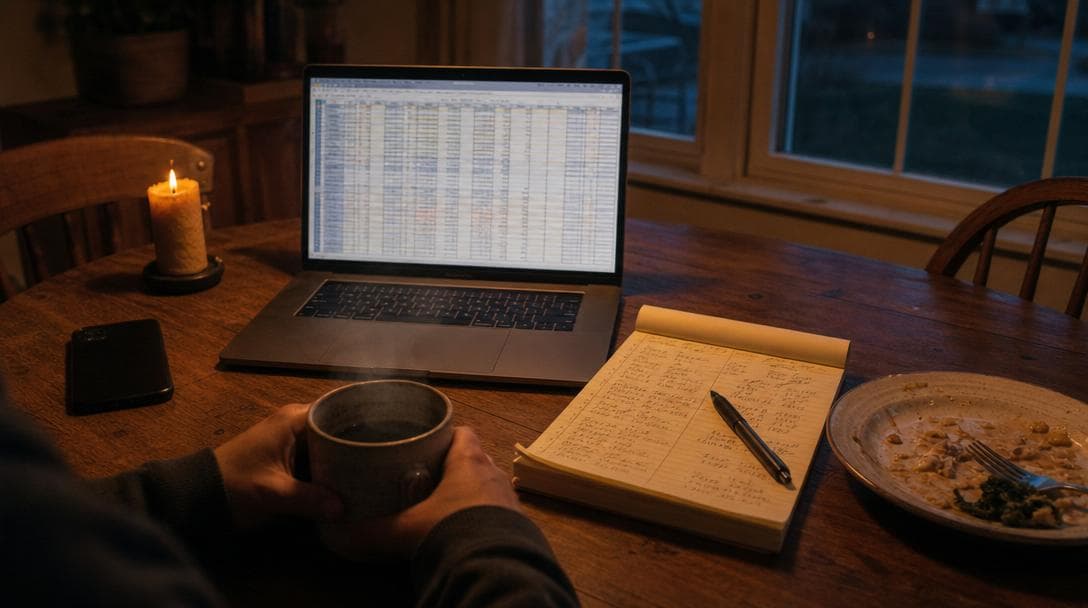 A craft fair vendor cradles a mug of coffee at a dusk-lit kitchen table, a laptop showing a sprawling sales spreadsheet open beside handwritten notes on a yellow legal pad