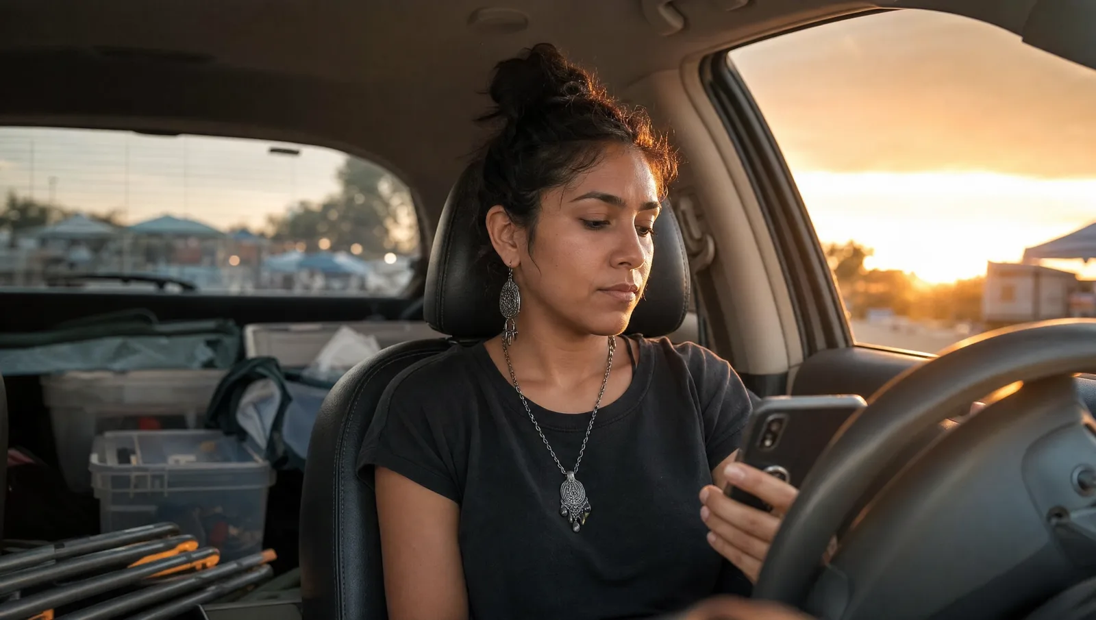 A craft fair vendor sits in her car after a market, phone in hand, mentally tallying the day's sales before driving home