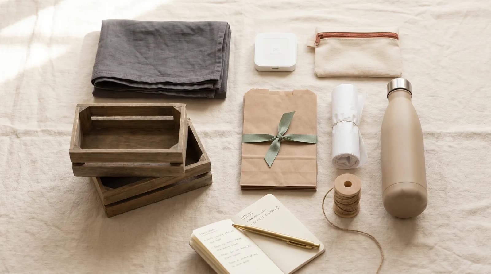 Overhead flat lay on linen of a first-time craft fair kit: folded charcoal tablecloth, stacked wooden crates, Square card reader, zippered cash pouch, kraft paper bags tied with green ribbon, tissue paper, jute twine on a spool, insulated water bottle, and a notebook with handwritten notes