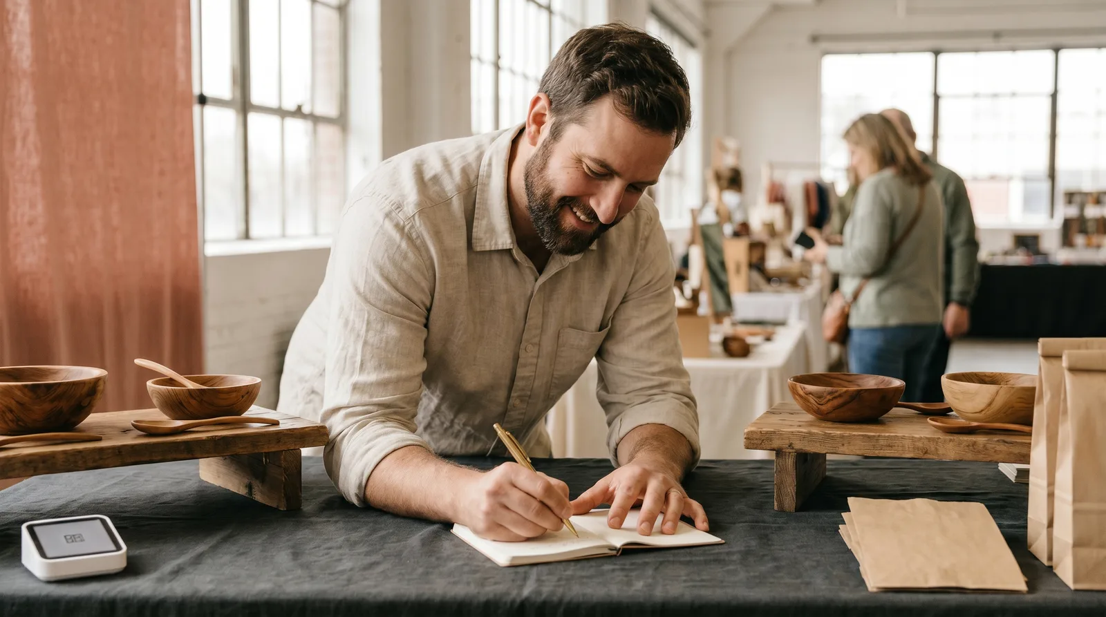 A bearded vendor in a linen shirt smiling as he writes in a notebook on a charcoal-clothed booth table, surrounded by handmade wooden bowls on small wooden risers, with other booths and shoppers blurred in the background