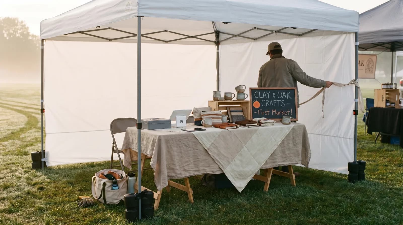A first-time market vendor sets up a small booth with a folding table, a tablecloth, signage, and a few products on display