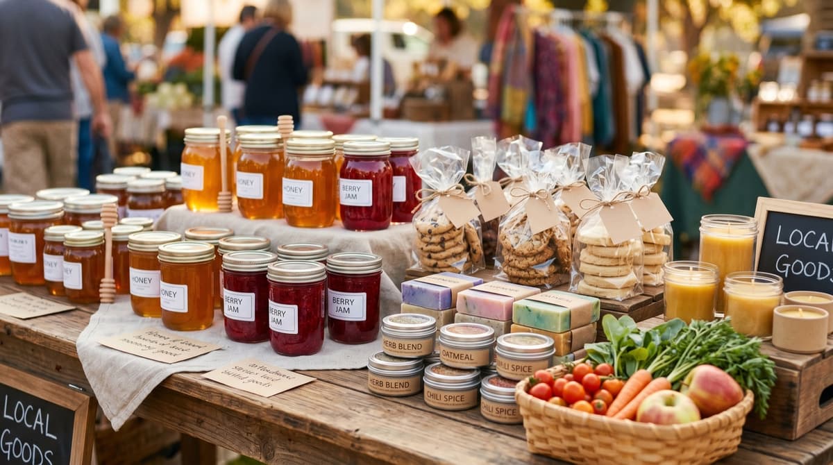 A market table of value-added goods: honey, jam, cookies, spice blends, soap, and candles beside a basket of produce.