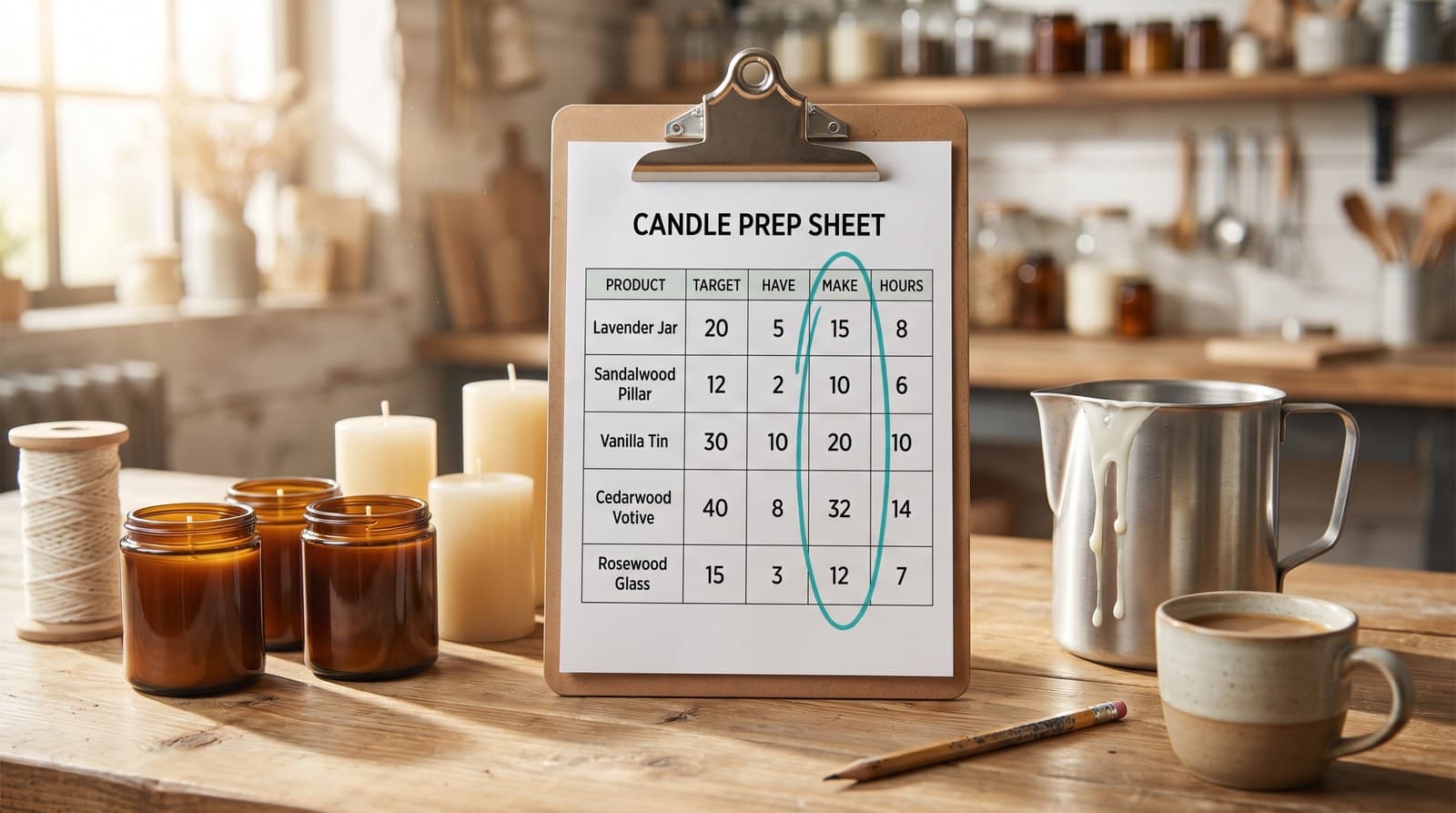 A printed craft fair prep sheet on a clipboard with product rows and columns, one column circled in teal, on a maker's workbench.